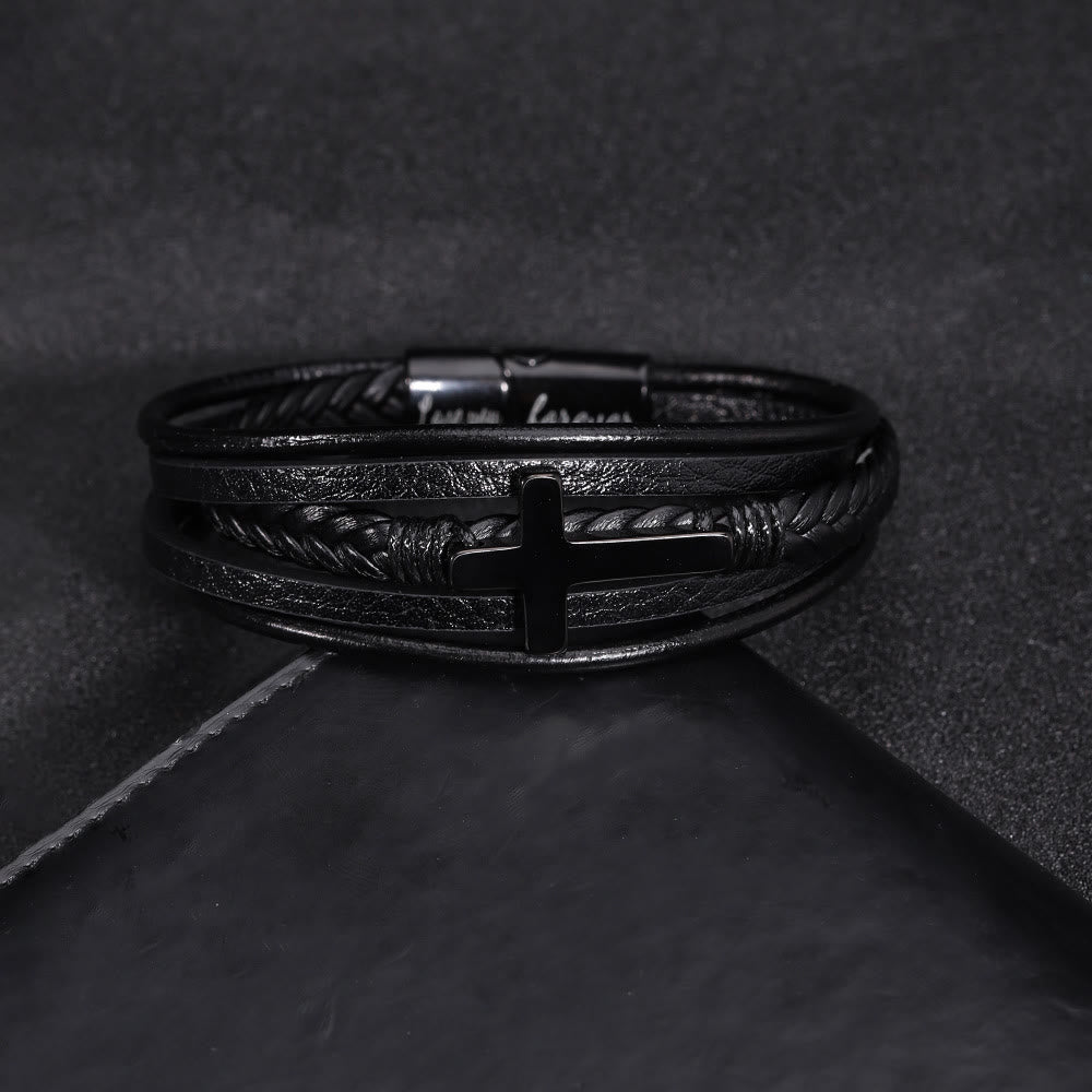 Christianartworkshop Pulsera con brazalete de cuero negro con cruz - image 1