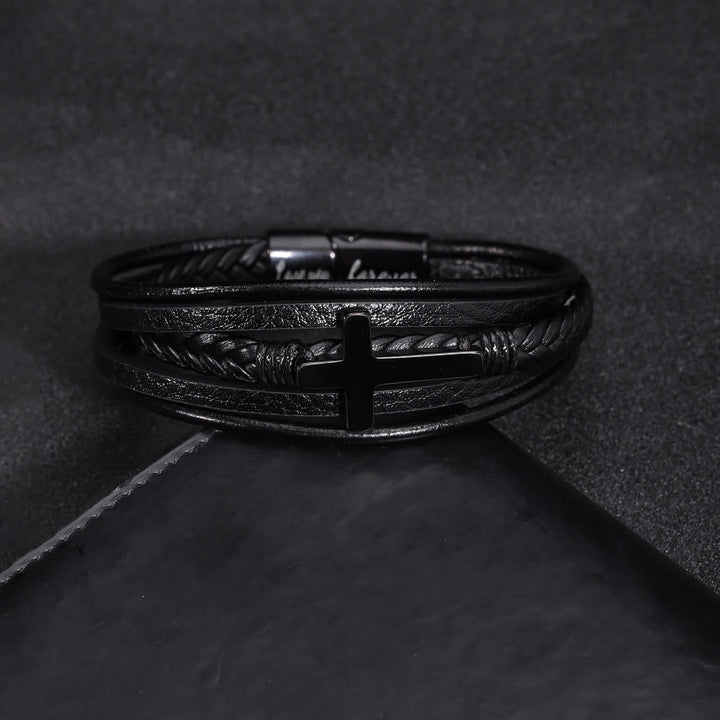 Christianartworkshop Pulsera con brazalete de cuero negro con cruz - image 1
