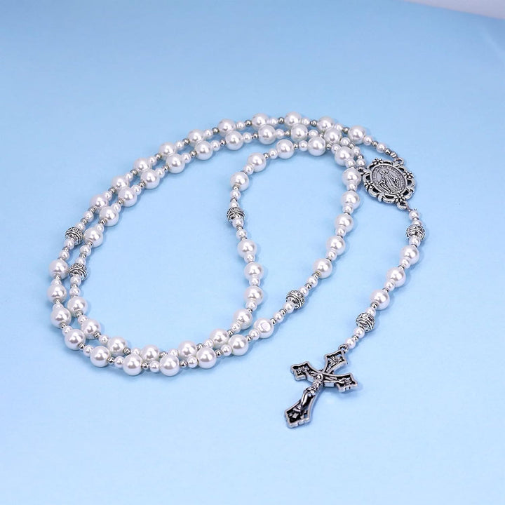 Christianartworkshop Rosario con Medalla Milagrosa y Crucifijo de Perlas Blancas de 4 mm - image 2