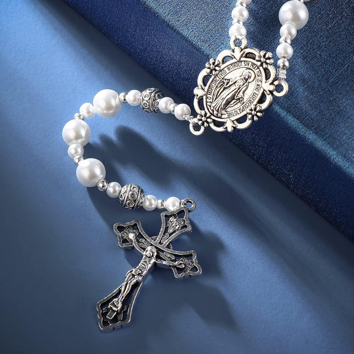 Christianartworkshop Rosario con Medalla Milagrosa y Crucifijo de Perlas Blancas de 4 mm - image 1