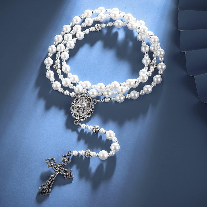 Christianartworkshop Rosario con Medalla Milagrosa y Crucifijo de Perlas Blancas de 4 mm - Medalla Milagrosa y Crucifijo - image 0