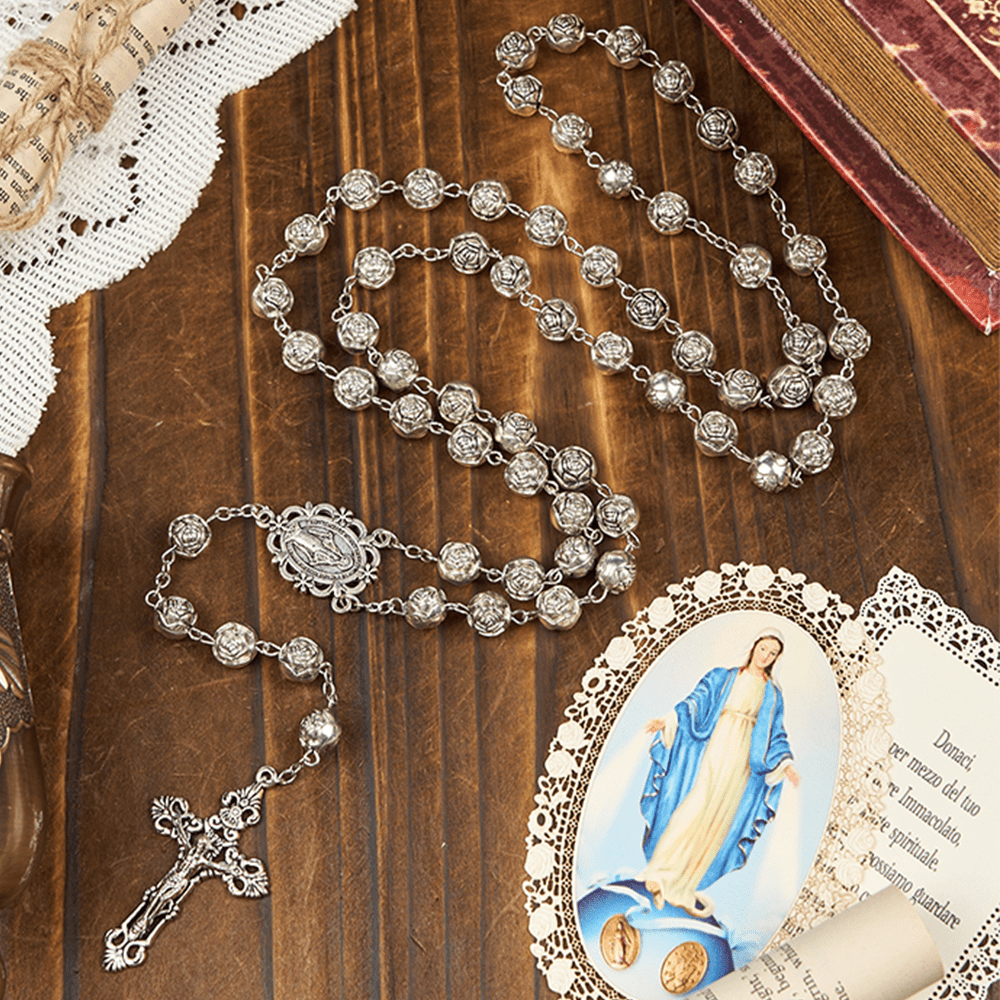 Christianartworkshop Medalla Milagrosa y Crucifijo de Rosario de Cuentas Rosas de 10 mm - Nuestra Señora y el Crucifijo - image 0