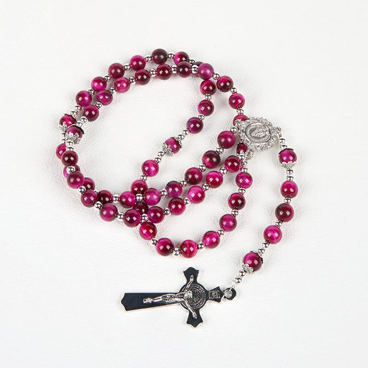 Christianartworkshop Rosario con Medalla Milagrosa y Crucifijo de Cuentas de Piedra Gema Ojo de Tigre Rosa de 8 mm - image 9