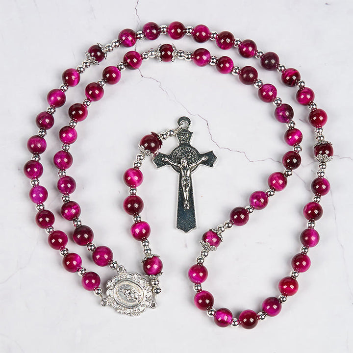 Christianartworkshop Rosario con Medalla Milagrosa y Crucifijo de Cuentas de Piedra Gema Ojo de Tigre Rosa de 8 mm - image 8