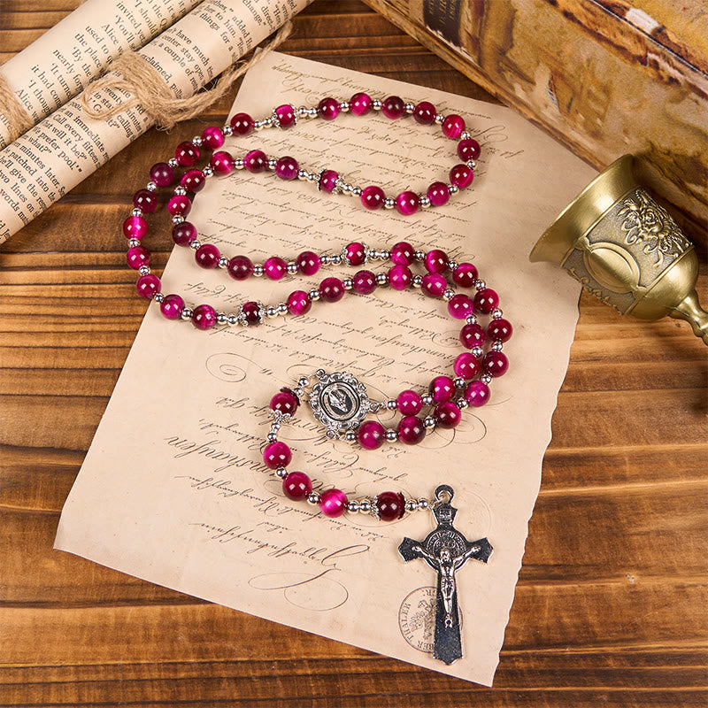 Christianartworkshop Rosario con Medalla Milagrosa y Crucifijo de Cuentas de Piedra Gema Ojo de Tigre Rosa de 8 mm - image 1