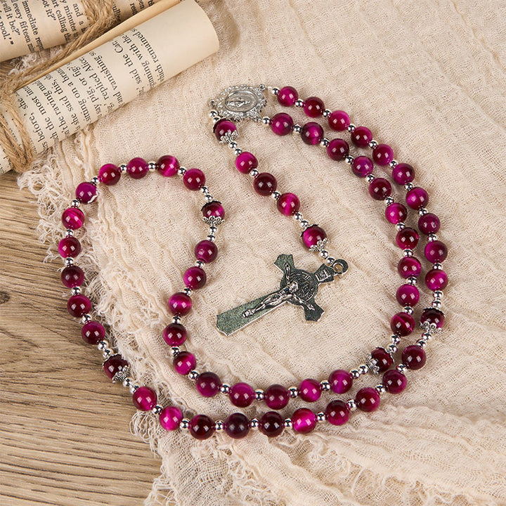 Christianartworkshop Rosario con Medalla Milagrosa y Crucifijo de Cuentas de Piedra Gema Ojo de Tigre Rosa de 8 mm - image 7