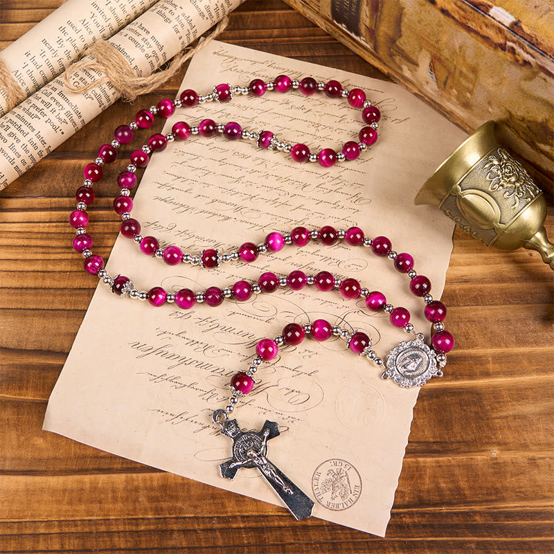 Christianartworkshop Rosario con Medalla Milagrosa y Crucifijo de Cuentas de Piedra Gema Ojo de Tigre Rosa de 8 mm - image 6