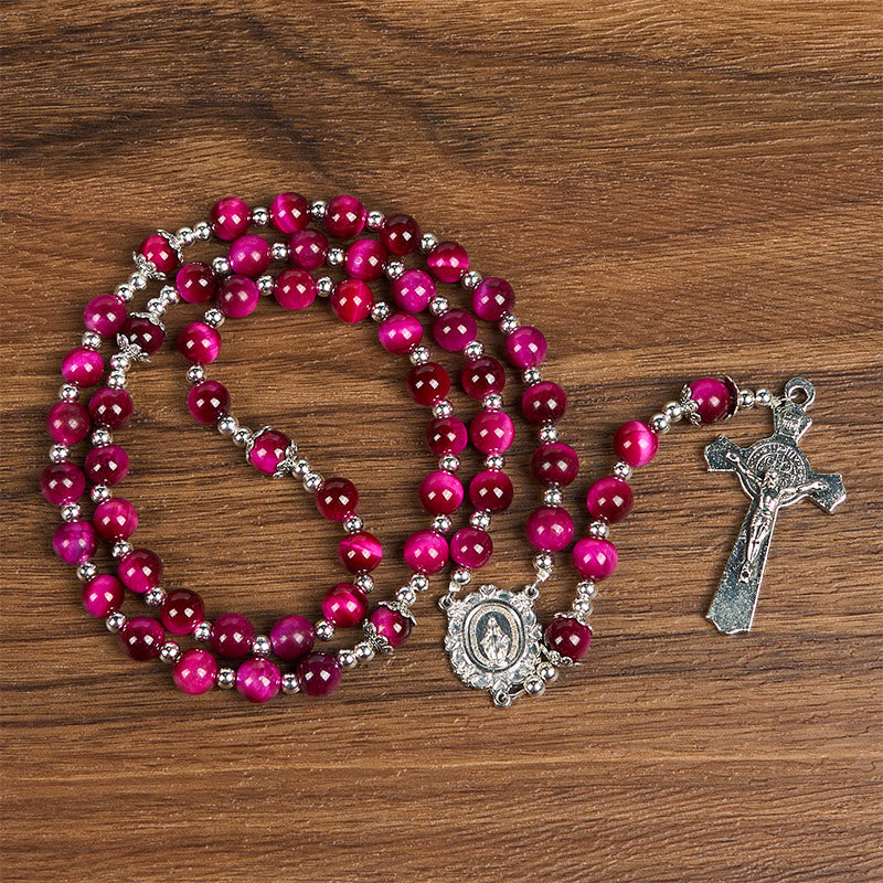 Christianartworkshop Rosario con Medalla Milagrosa y Crucifijo de Cuentas de Piedra Gema Ojo de Tigre Rosa de 8 mm - Medalla Milagrosa y Crucifijo - image 0