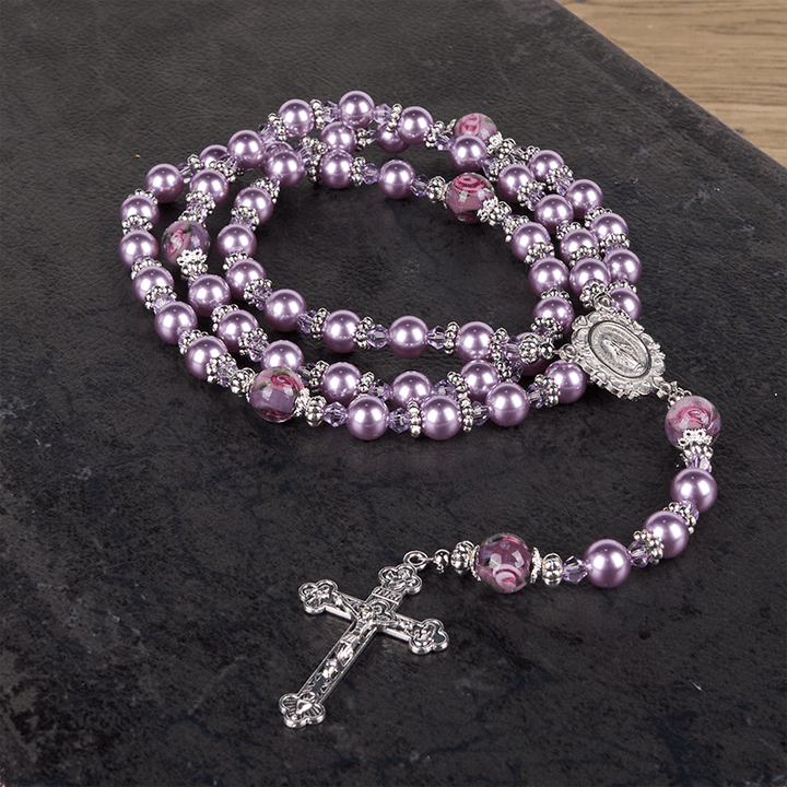 Christianartworkshop Medalla Milagrosa y Crucifijo, Rosario Hecho a Mano con Perlas Moradas y Cristales de 8 mm - Cuentas Sagradas para la Santa Oración - image 14