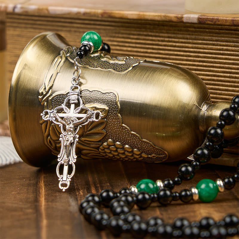Christianartworkshop FE EN LA ORACIÓN: Rosario de cuentas de obsidiana y jade de 8 mm hecho a mano con San Benito y crucifijo. - image 1