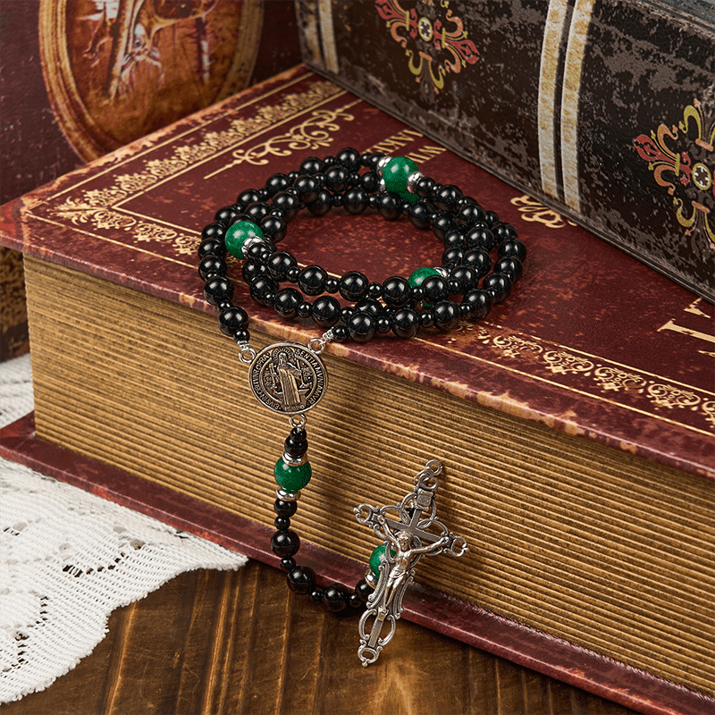 Christianartworkshop FE EN LA ORACIÓN: Rosario de cuentas de obsidiana y jade de 8 mm hecho a mano con San Benito y crucifijo. - image 6