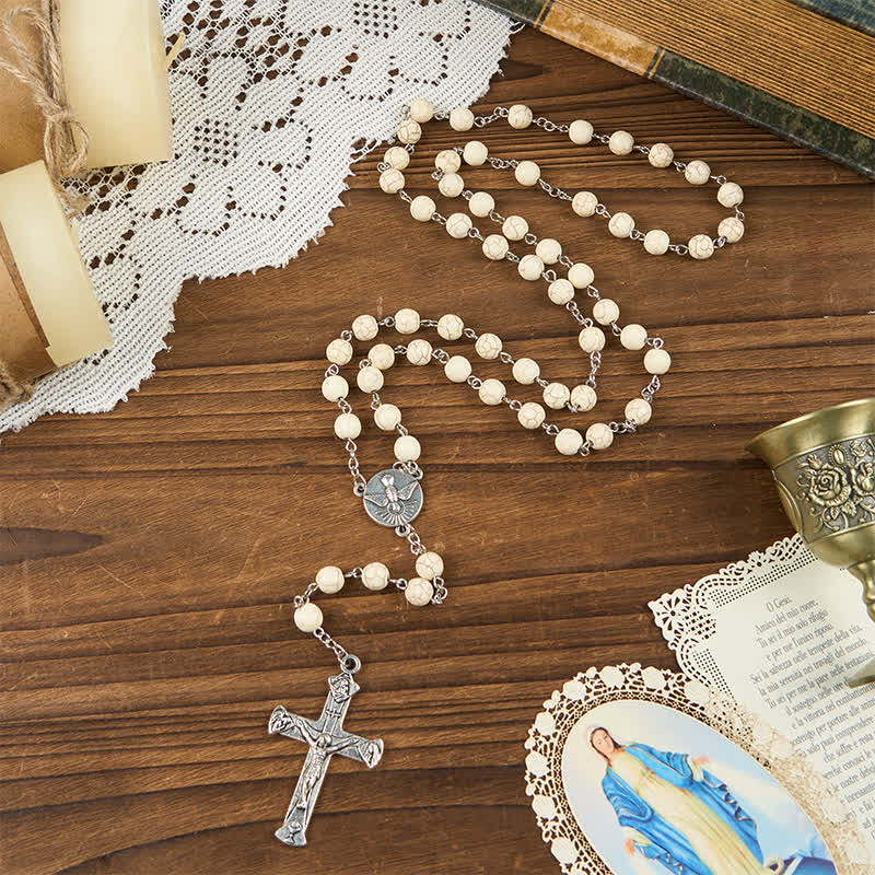 Christianartworkshop Medalla Milagrosa y Crucifijo de Rosario de Cuentas de Oración de Pino Blanco de 8 mm - Medalla Milagrosa y Crucifijo - image 0