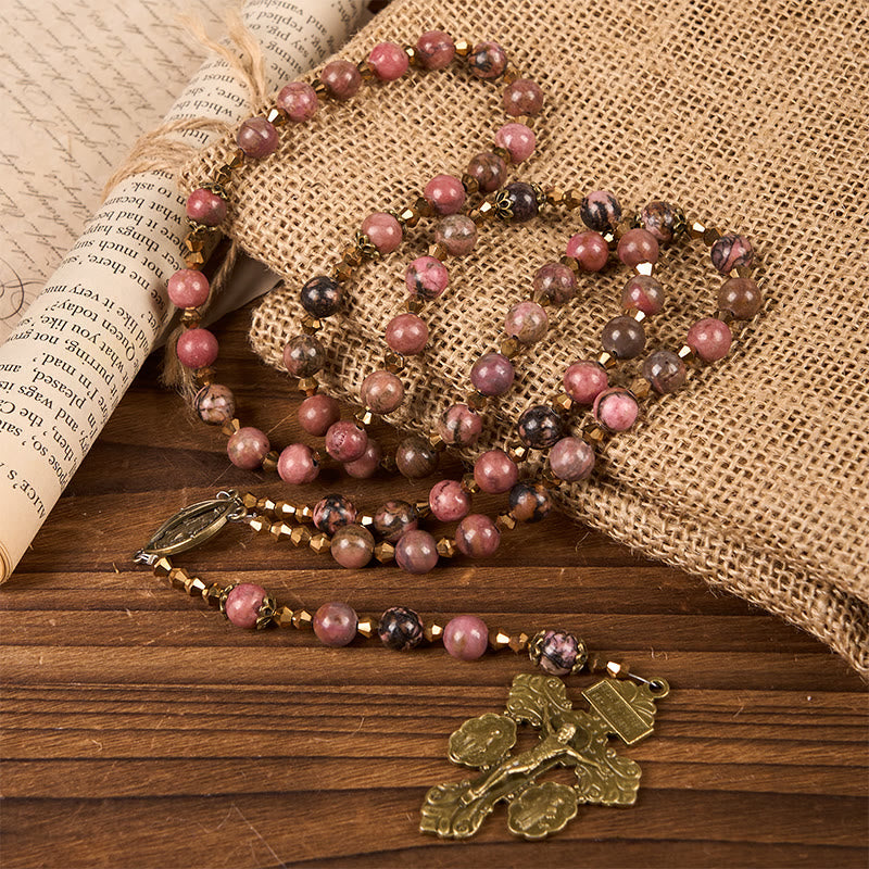 Christianartworkshop Rosario de inspiración vintage con rodonita rosa - Viaje con Cristo - image 1