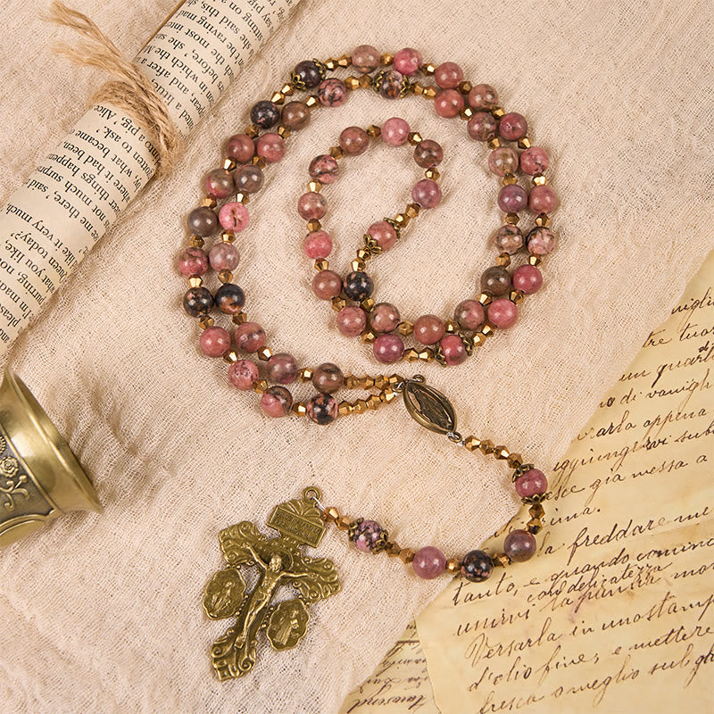Christianartworkshop Rosario de inspiración vintage con rodonita rosa - Viaje con Cristo - Rosario de inspiración vintage - image 0