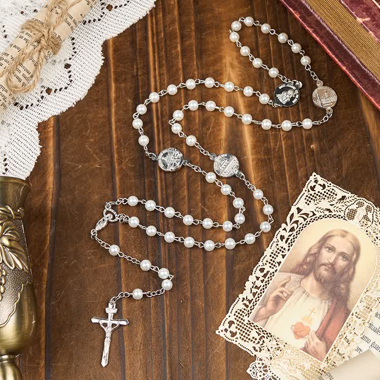 Christianartworkshop Rosario con crucifijo y cuentas de perlas de Nuestra Señora de 8 mm (3 colores) - Blanco - image 0
