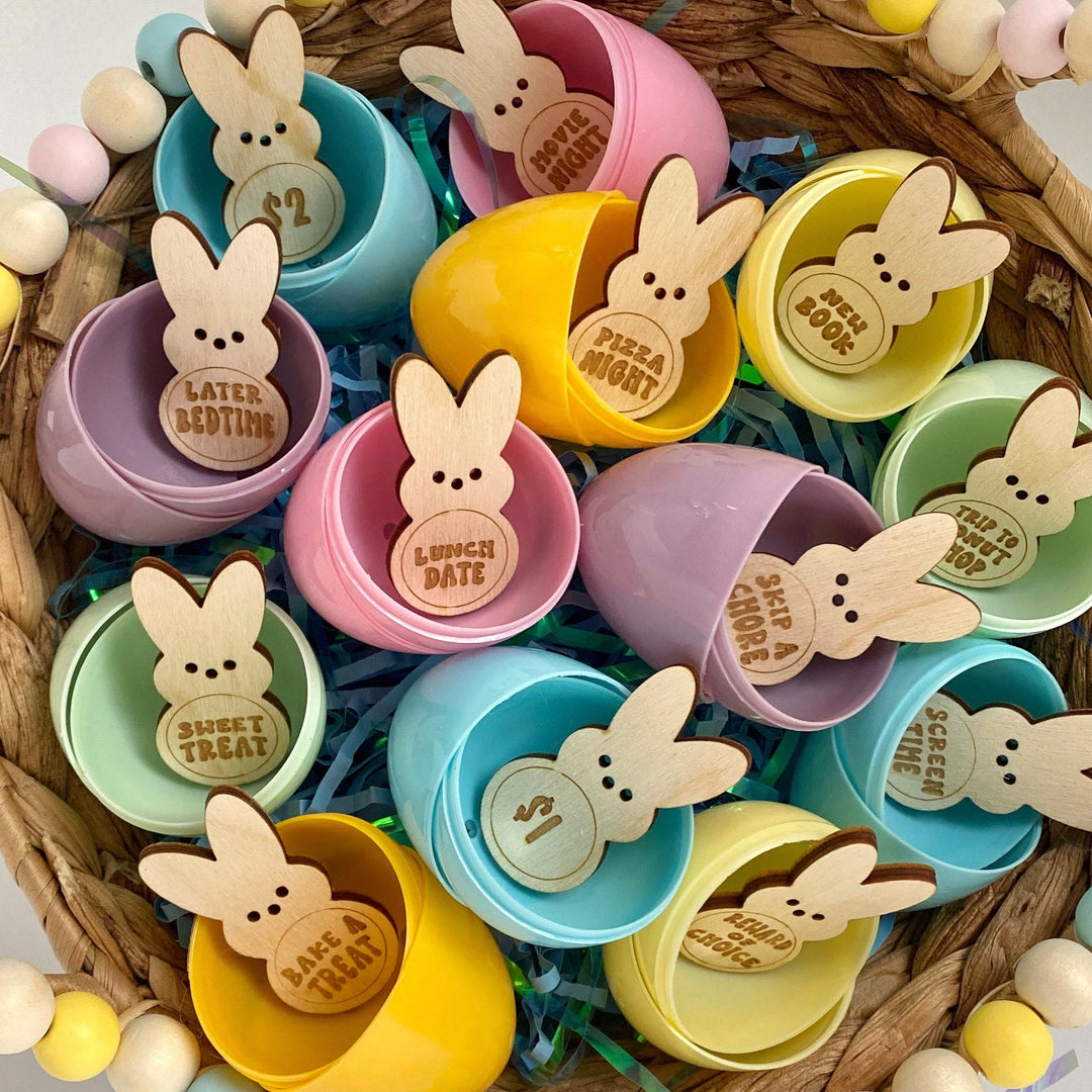 Christianartworkshop Relleno para huevos de Pascua: fichas grabadas con forma de conejito para rellenar huevos de Pascua con actividades. - Conejo/28 piezas + Huevo/10 piezas - image 0