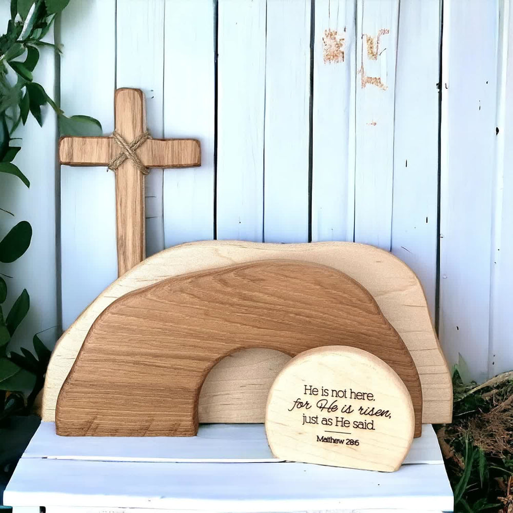 Christianartworkshop ¡Ha resucitado!: Juego de decoración rústica de madera para la Resurrección de Pascua con láminas de arte mural con versículos bíblicos. - image 1