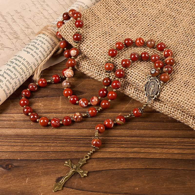 Christianartworkshop Rosario hecho a mano con piedra preciosa de jaspe rojo de 8 mm, medalla milagrosa y crucifijo. - Medalla Milagrosa y Crucifijo - image 0