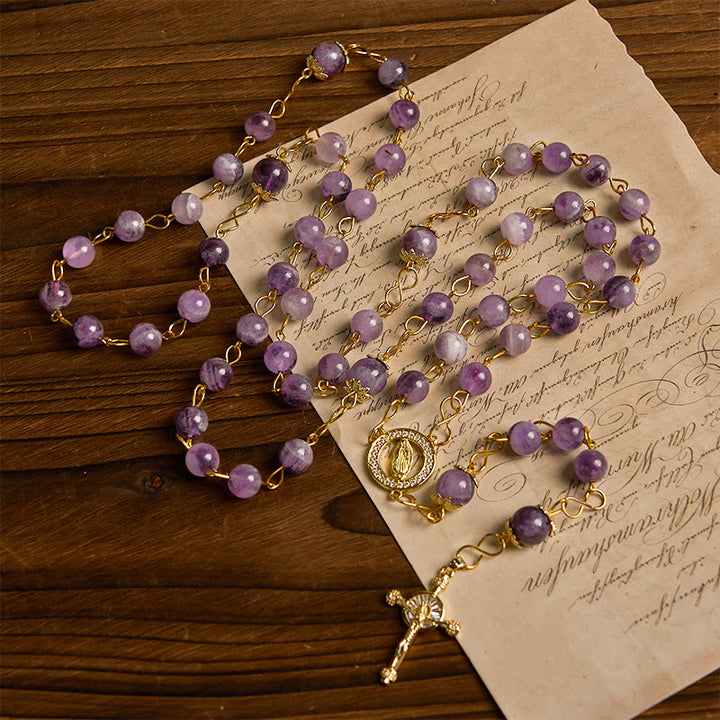 Christianartworkshop Rosario de cristal púrpura redondo de 8 mm con crucifijo de Nuestra Señora de Guadalupe - image 1