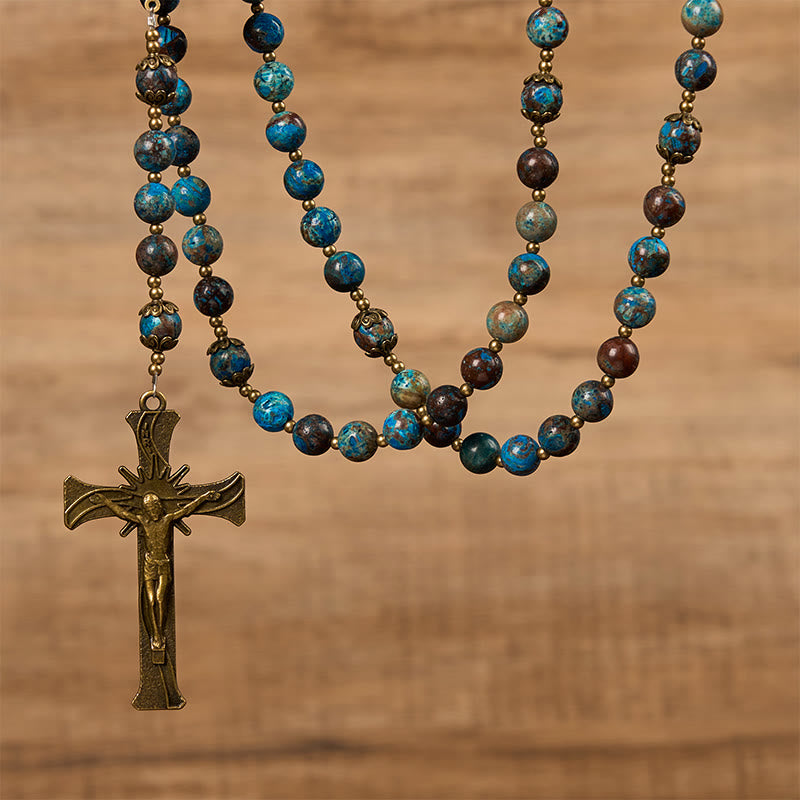 Christianartworkshop Jesús es el regalo: Rosario artesanal de cuentas con diseño azul y piedra larimar auténtica. - image 9