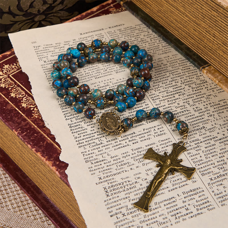 Christianartworkshop Jesús es el regalo: Rosario artesanal de cuentas con diseño azul y piedra larimar auténtica. - image 10