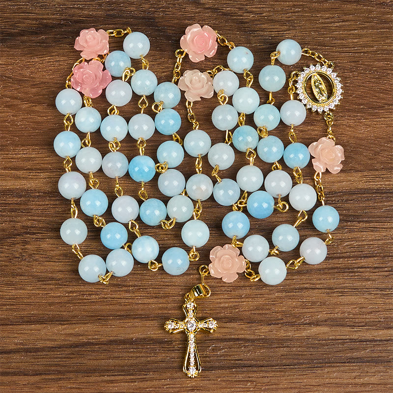 Christianartworkshop Rosario de Nuestra Señora de Guadalupe y Crucifijo de cuentas de calcedonia azul aguamarina hechas a mano de 8 mm - image 4