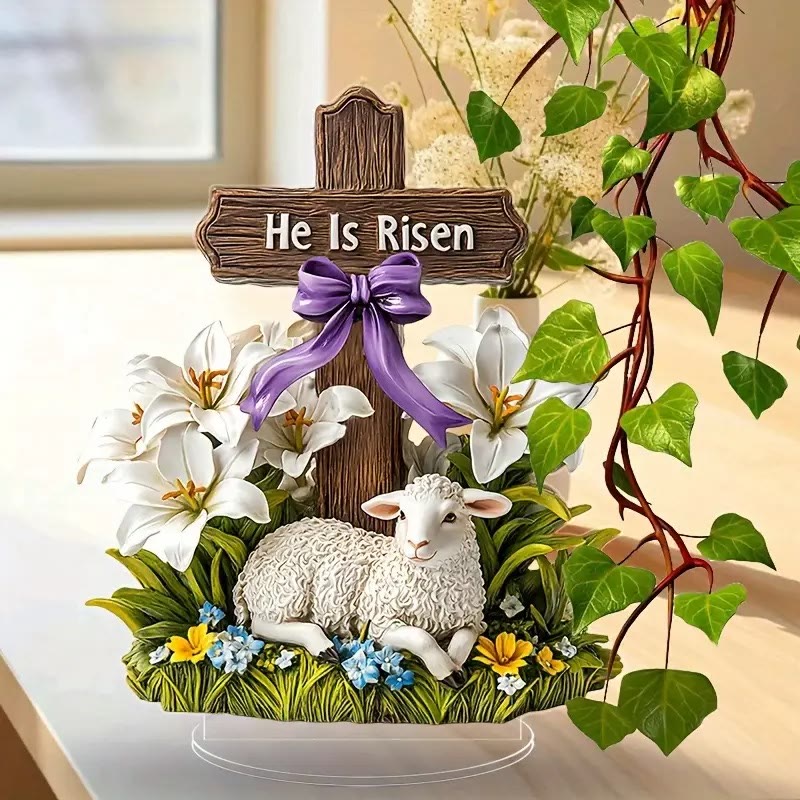 Christianartworkshop Adorno plano de la Resurrección de Pascua con cruz y cordero con la inscripción "Él ha resucitado". - image 1