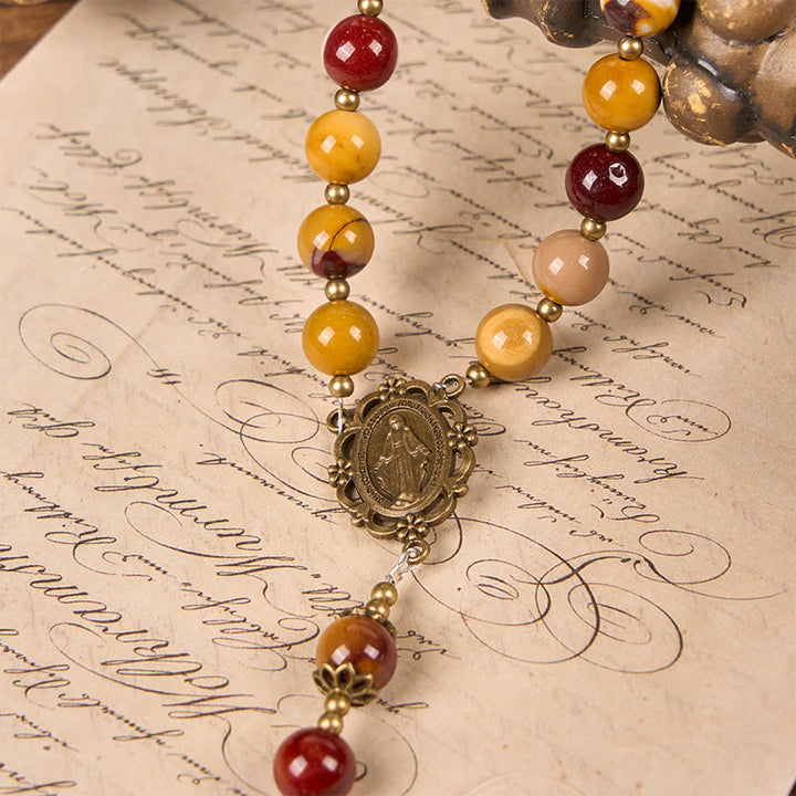 Christianartworkshop Rosario de jade natural con medalla y crucifijo milagrosos de 8 mm con yema de huevo - Cuentas de rosario hechas a mano - image 6
