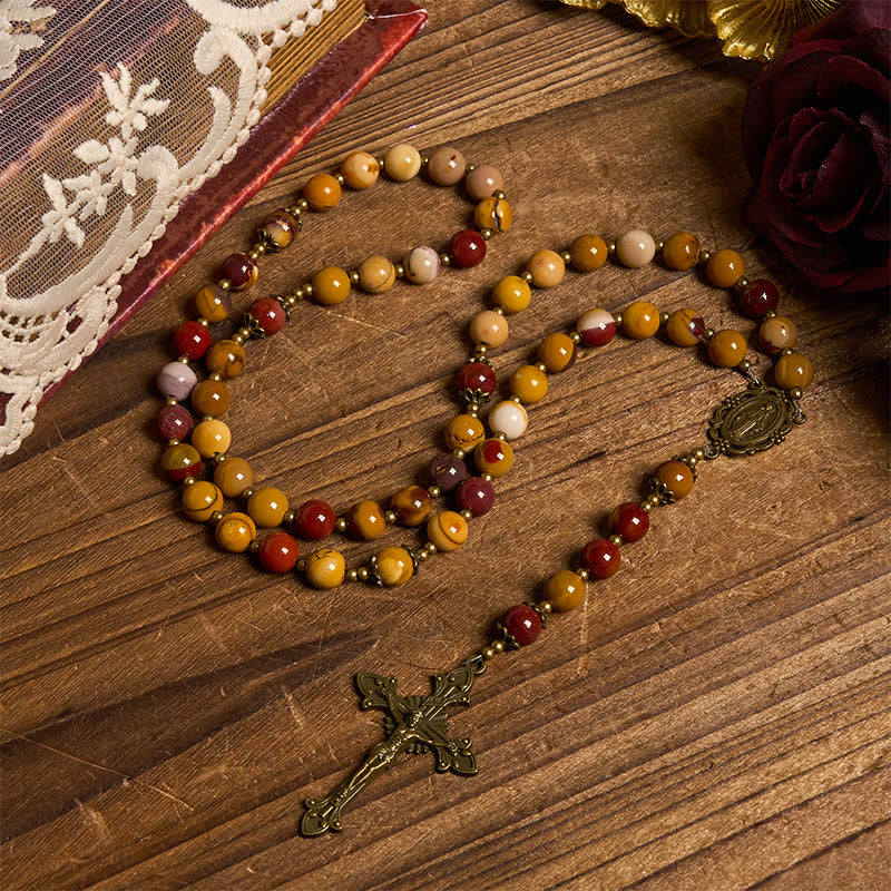 Christianartworkshop Rosario de jade natural con medalla y crucifijo milagrosos de 8 mm con yema de huevo - Cuentas de rosario hechas a mano - Medalla Milagrosa y Crucifijo - image 0
