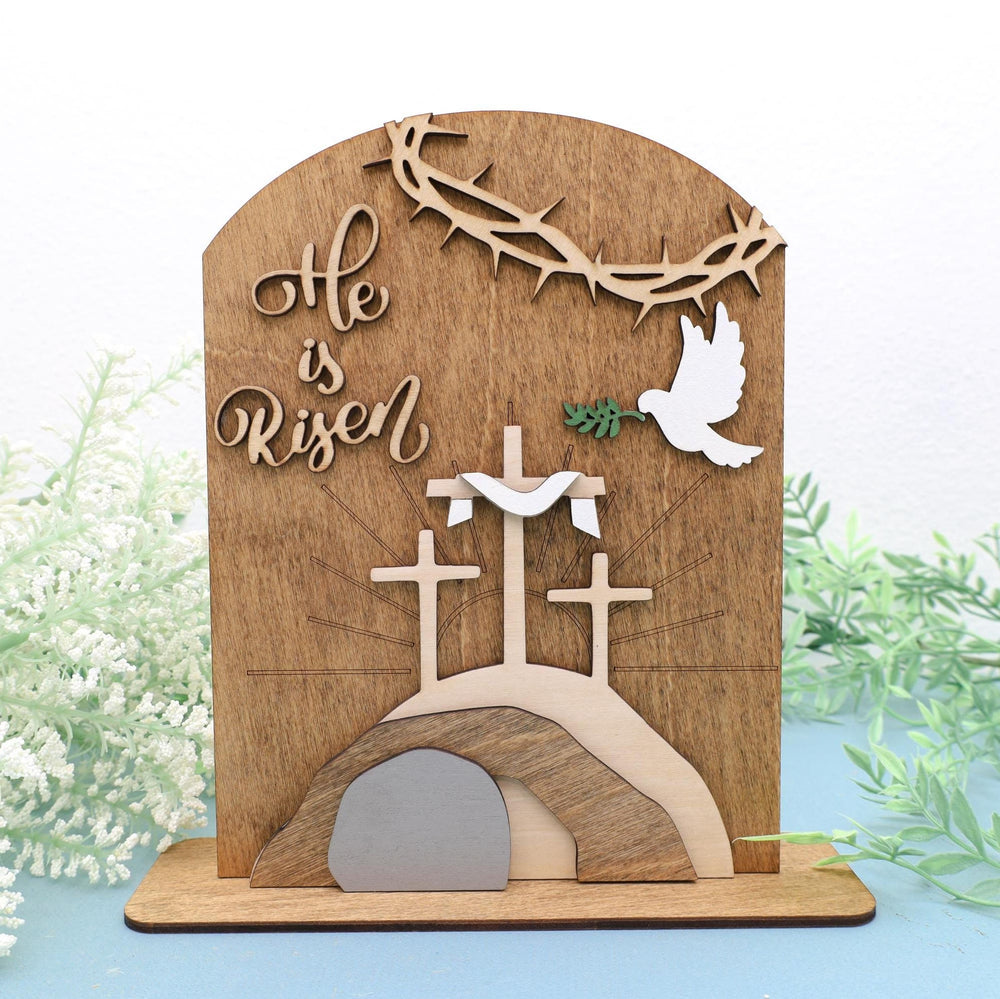 Christianartworkshop Conjunto de iconos de Pascua "Esperanza Resucitada": Expositor decorativo de madera con diseños de cruz y tumba. - Boj color 2 - image 1
