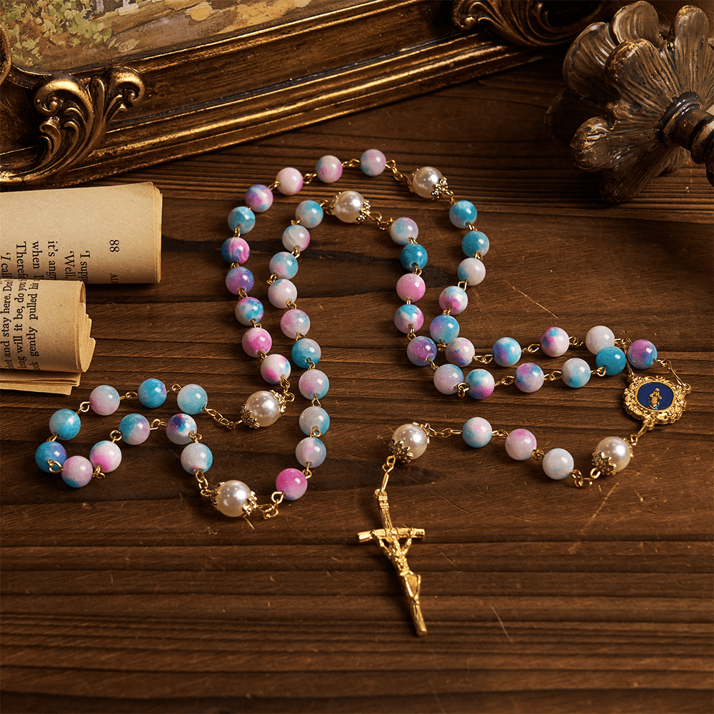 Christianartworkshop FE EN LA ORACIÓN: Rosario floral hecho a mano Gracia Celestial de 8 mm en azul y morado - image 5