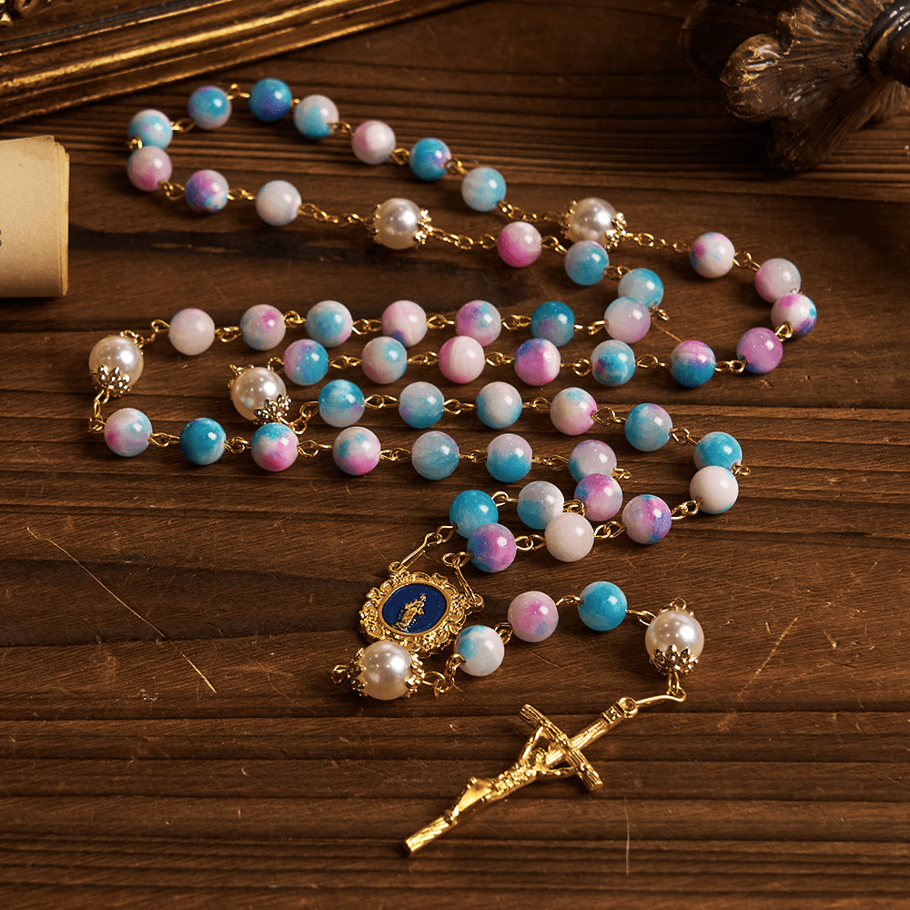 Christianartworkshop FE EN LA ORACIÓN: Rosario floral hecho a mano Gracia Celestial de 8 mm en azul y morado - image 2