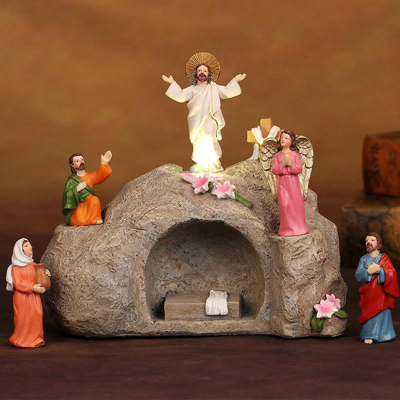 Christianartworkshop Escena de la Resurrección con Jesús, ángeles y discípulos - Adorno iluminado del Nacimiento de Pascua - ¡Ha resucitado! - image 0