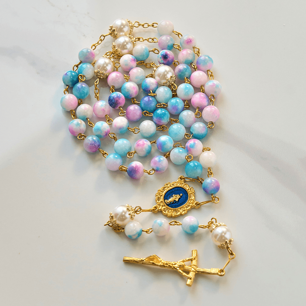 Christianartworkshop FE EN LA ORACIÓN: Rosario floral hecho a mano Gracia Celestial de 8 mm en azul y morado - image 3