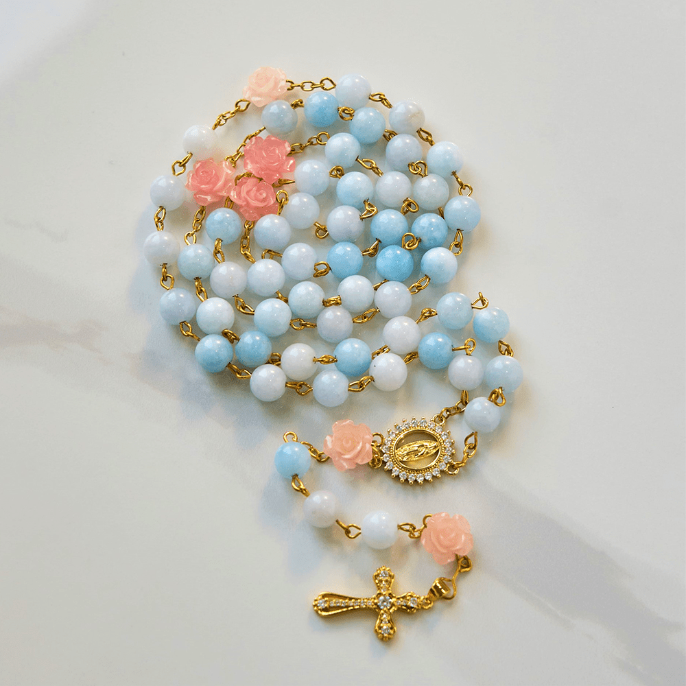 Christianartworkshop Rosario de Nuestra Señora de Guadalupe y Crucifijo de cuentas de calcedonia azul aguamarina hechas a mano de 8 mm - image 11