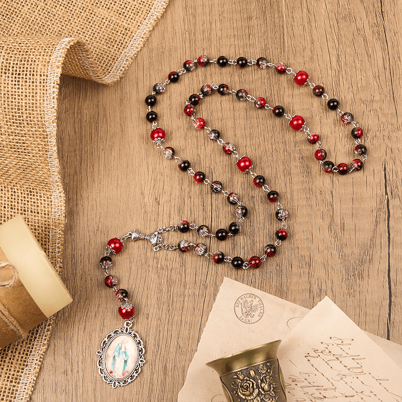 Christianartworkshop Rosario de Santa Gailla y Medalla Milagrosa de cuentas redondas de vidrio negro y rojo de 8 mm - Santa Medalla - image 0