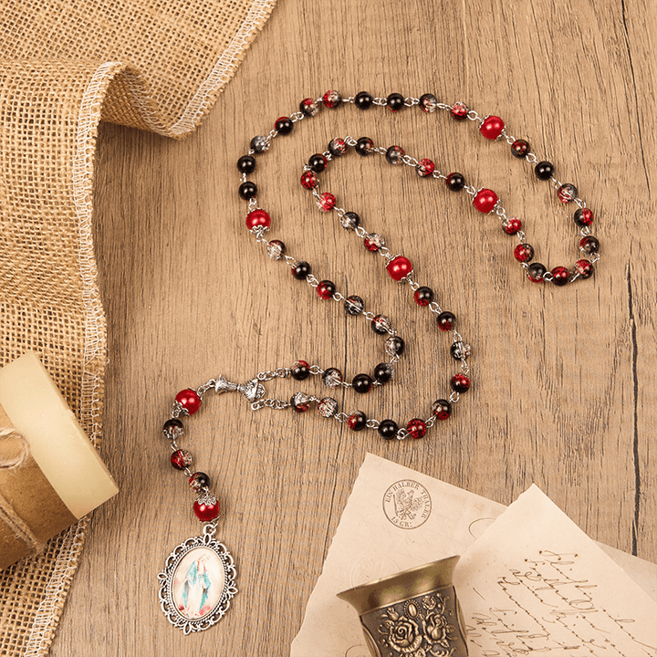 Christianartworkshop Rosario de Santa Gailla y Medalla Milagrosa de cuentas redondas de vidrio negro y rojo de 8 mm - Santa Medalla - image 0