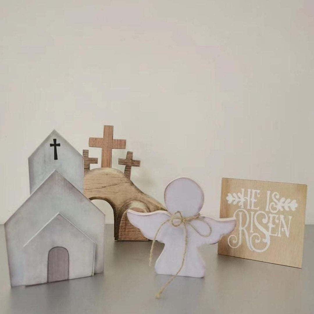 Christianartworkshop Juego de 4 piezas de adornos de madera para escritorio con forma de tumba de Jesús y cruz de Pascua. - Juego de 4 piezas - image 0