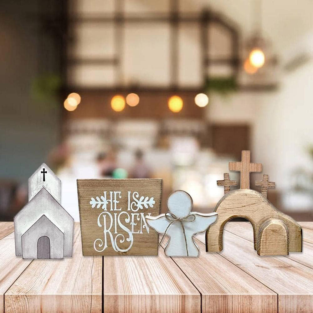 Christianartworkshop Juego de 4 piezas de adornos de madera para escritorio con forma de tumba de Jesús y cruz de Pascua. - image 1