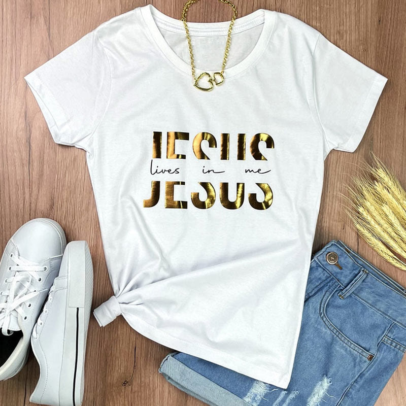 Christianartworkshop Camiseta cristiana con texto dorado "Fe glamurosa: Jesús vive en mí" - image 8