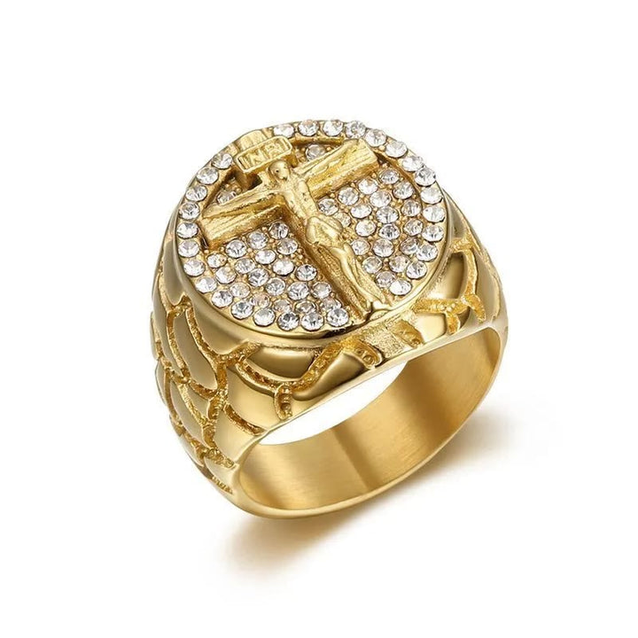 Christianartworkshop Adorna tu fe: Anillo crucifijo con piedras preciosas de diseño divino dorado - image 4