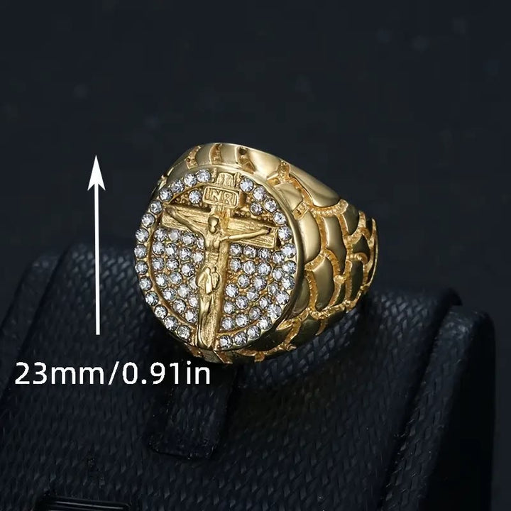 Christianartworkshop Adorna tu fe: Anillo crucifijo con piedras preciosas de diseño divino dorado - image 5