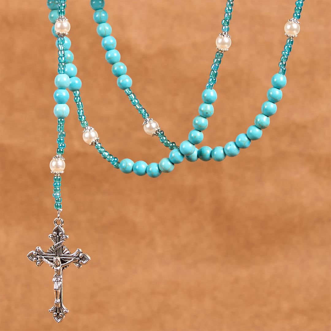 Christianartworkshop Rosario con medalla de Nuestra Señora y crucifijo de cuentas redondas de turquesa azul de 8 mm - image 2