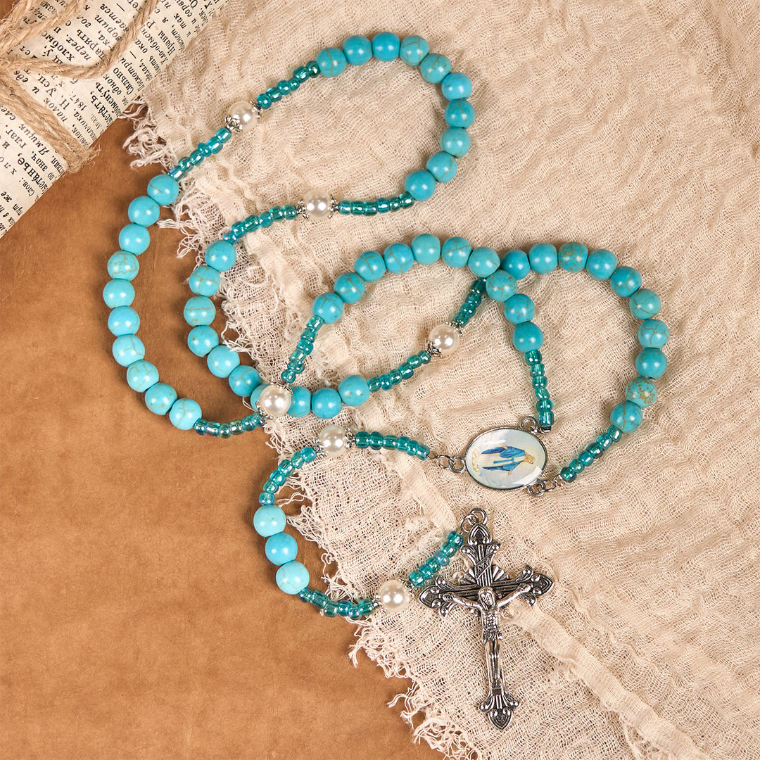 Christianartworkshop Rosario con medalla de Nuestra Señora y crucifijo de cuentas redondas de turquesa azul de 8 mm - image 6