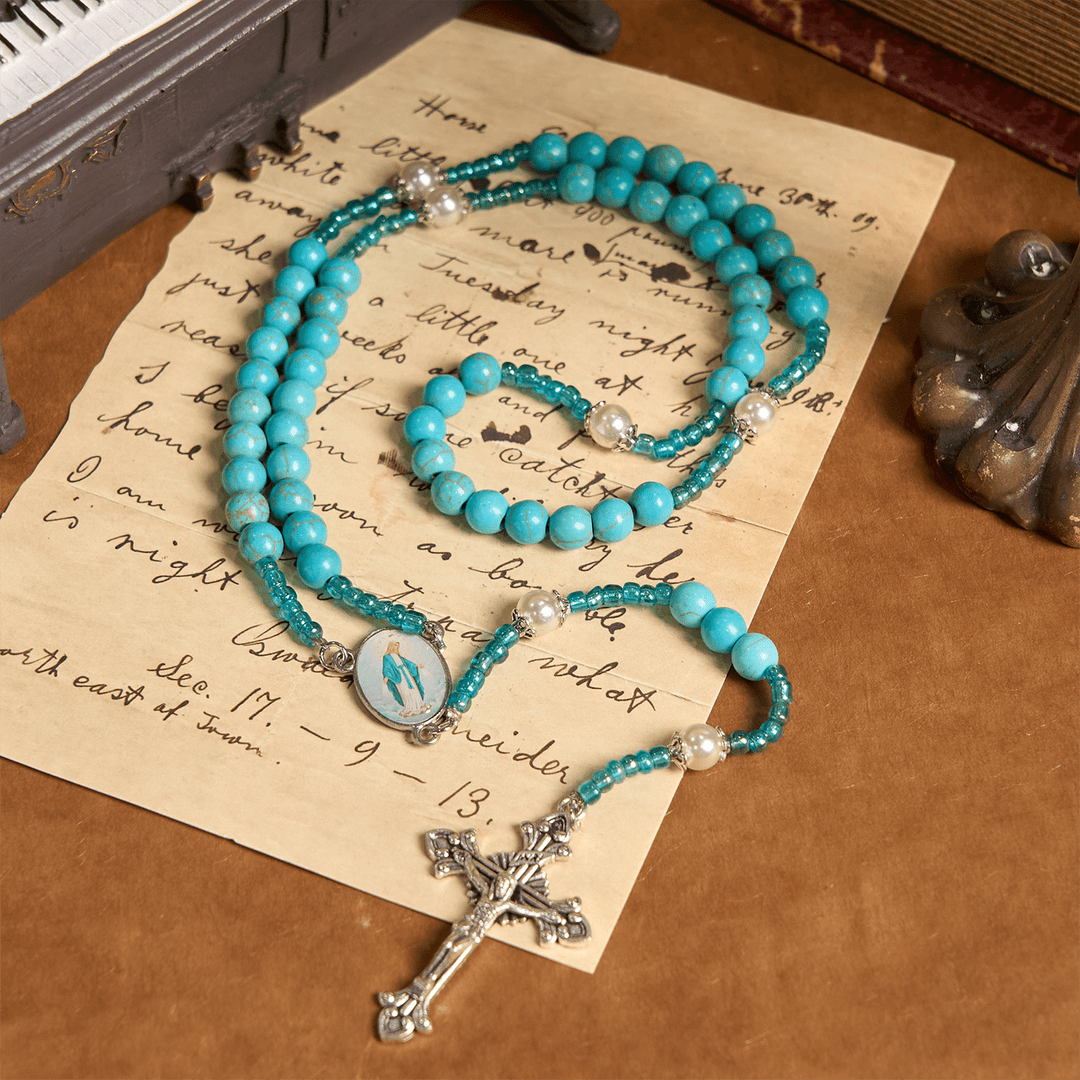 Christianartworkshop Rosario con medalla de Nuestra Señora y crucifijo de cuentas redondas de turquesa azul de 8 mm - Medalla Milagrosa y Crucifijo - image 0