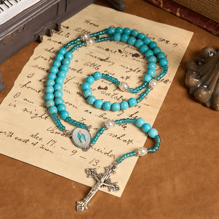 Christianartworkshop Rosario con medalla de Nuestra Señora y crucifijo de cuentas redondas de turquesa azul de 8 mm - Medalla Milagrosa y Crucifijo - image 0