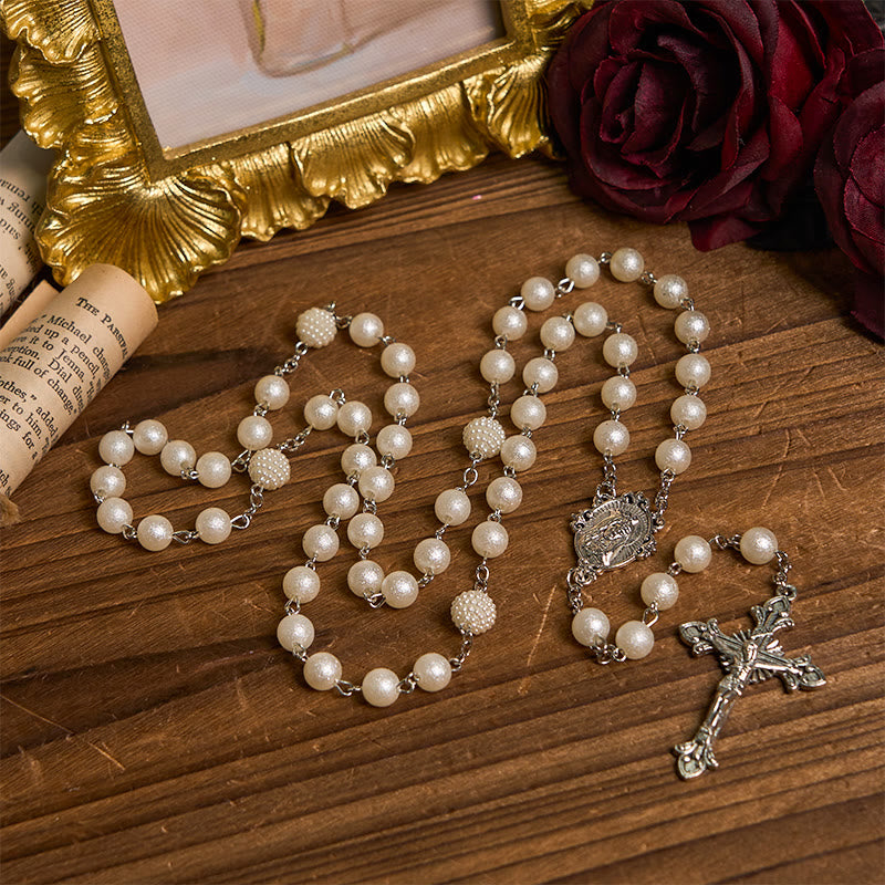 Christianartworkshop Rosario con medalla de Nuestra Señora y crucifijo de cuentas redondas de acrílico blanco de 8 mm - Blanco - image 0