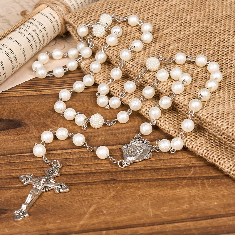 Christianartworkshop Rosario con medalla de Nuestra Señora y crucifijo de cuentas redondas de acrílico blanco de 8 mm - image 1