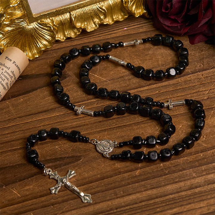 Christianartworkshop Rosario con medalla de San Benito y crucifijo de cuentas redondas de madera negra de 8 mm. - Medalla y crucifijo de San Benito - image 0