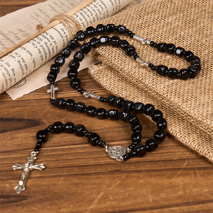 Christianartworkshop Rosario con medalla de San Benito y crucifijo de cuentas redondas de madera negra de 8 mm. - image 2